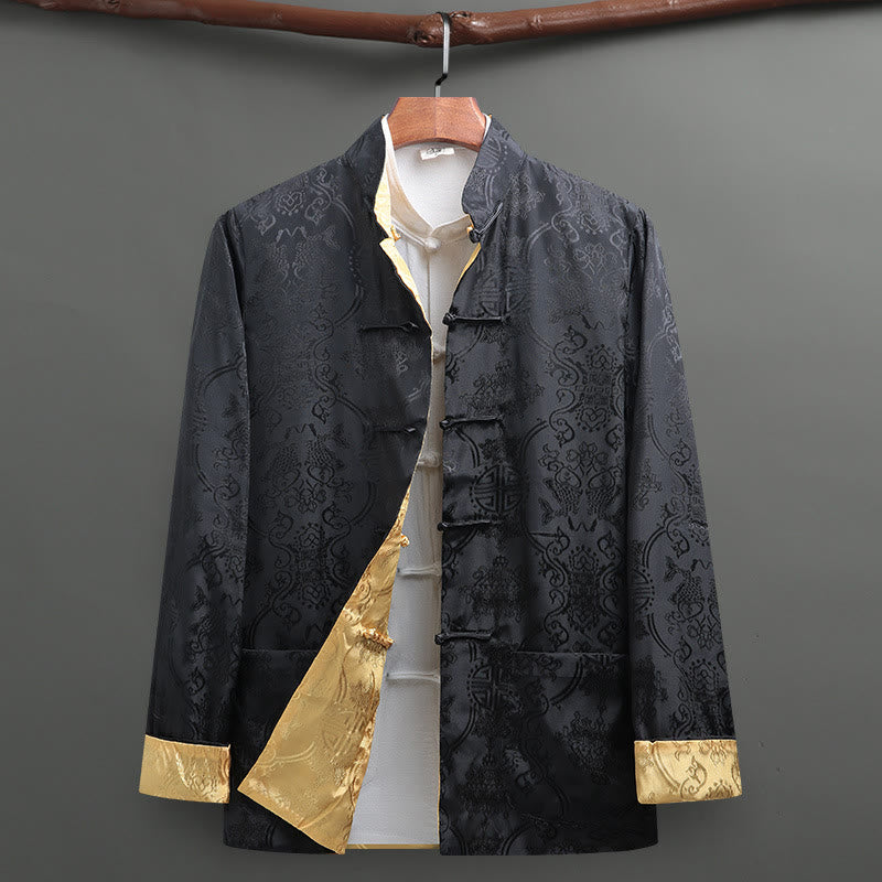 Nimara Ritual Men's Frog-Button Tang Suit Koi Fish Pattern Long Sleeve Shirt With Pockets