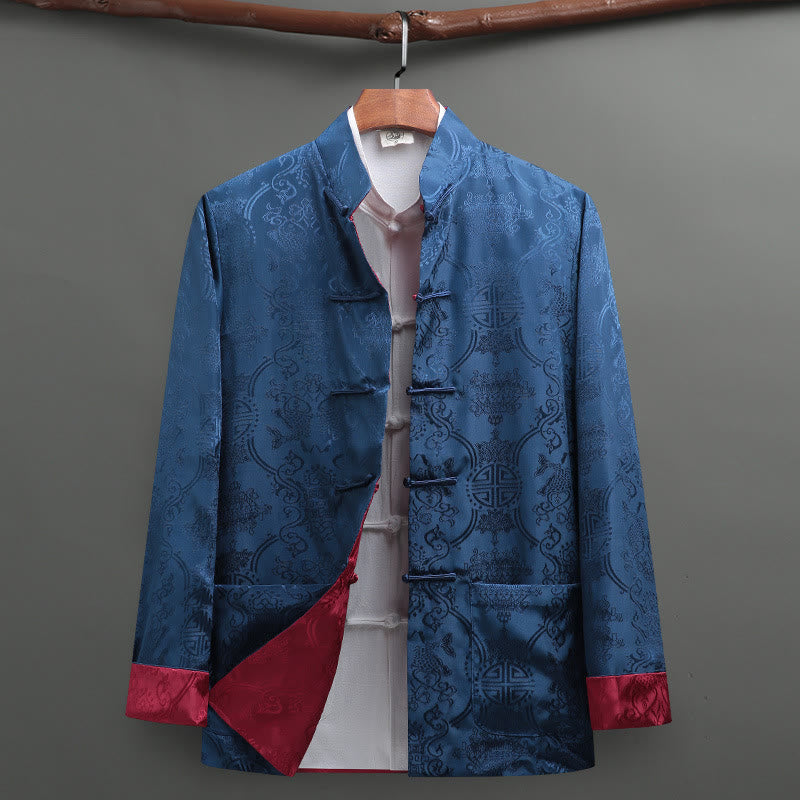 Nimara Ritual Men's Frog-Button Tang Suit Koi Fish Pattern Long Sleeve Shirt With Pockets