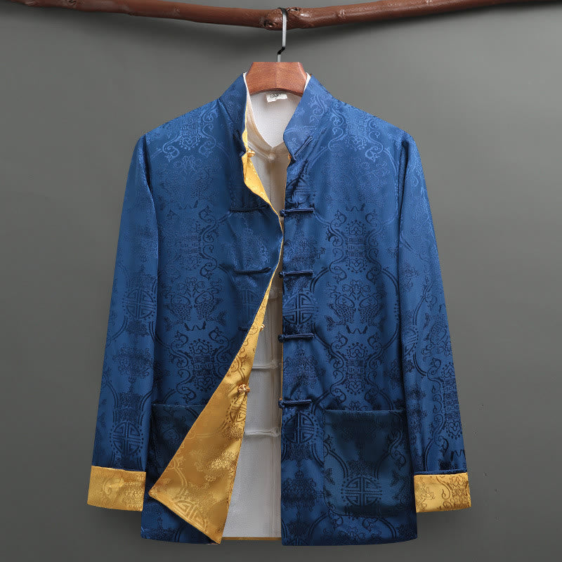 Nimara Ritual Men's Frog-Button Tang Suit Koi Fish Pattern Long Sleeve Shirt With Pockets