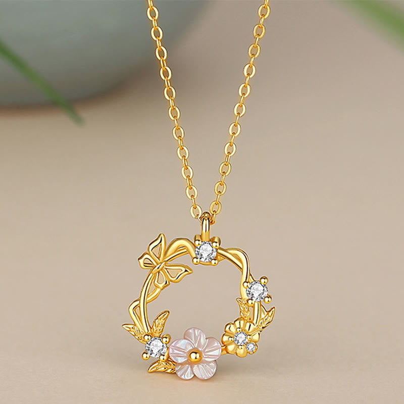 Nimara Ritual 925 Sterling Silver Cubic Zirconia Shell Butterfly Peach Blossom Blessing Necklace Pendant