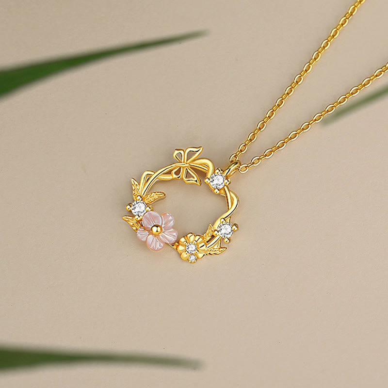 Nimara Ritual 925 Sterling Silver Cubic Zirconia Shell Butterfly Peach Blossom Blessing Necklace Pendant