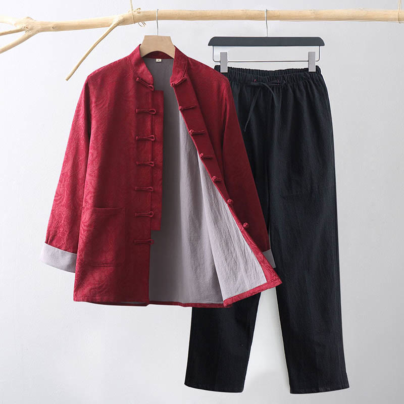 Nimara Ritual 2Pcs Men's Tang Suit Jacquard Vine Pattern Frog-Button Cotton Long Sleeve Shirt Pants Set