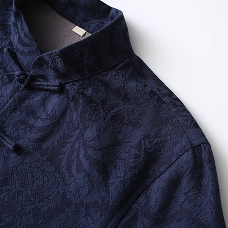 Nimara Ritual 2Pcs Men's Tang Suit Jacquard Vine Pattern Frog-Button Cotton Long Sleeve Shirt Pants Set
