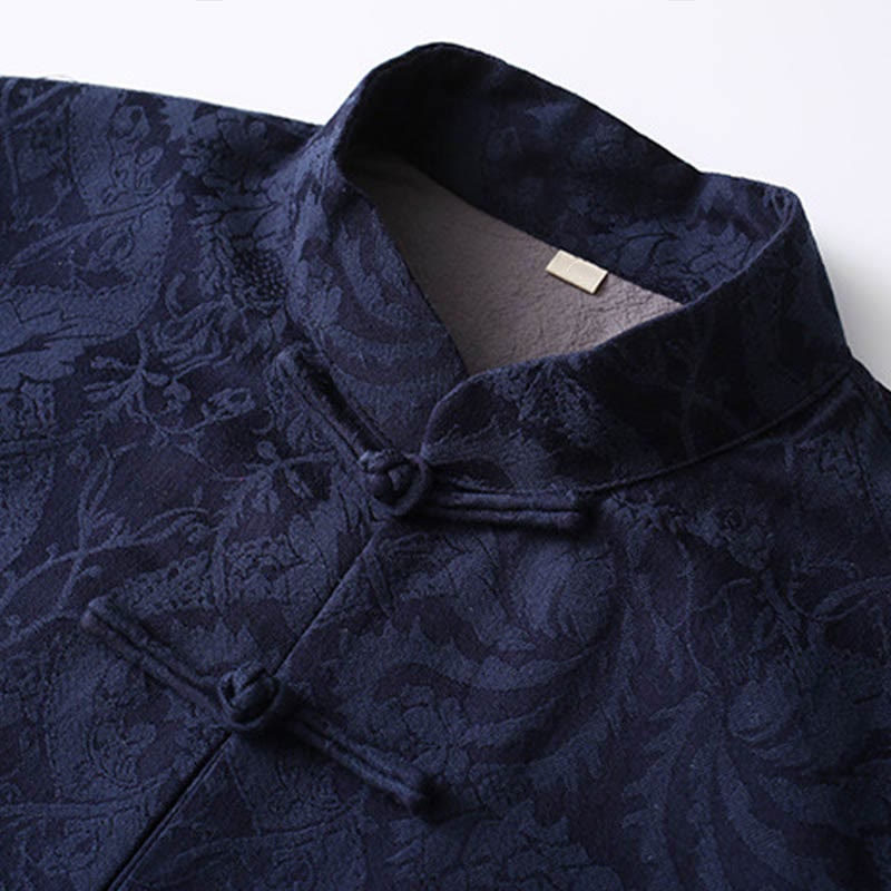 Nimara Ritual 2Pcs Men's Tang Suit Jacquard Vine Pattern Frog-Button Cotton Long Sleeve Shirt Pants Set
