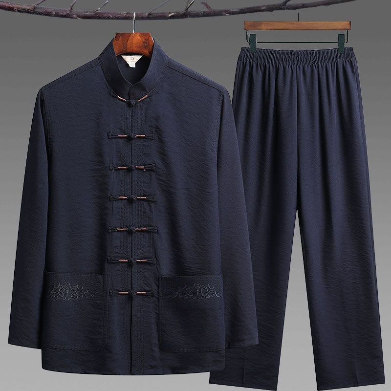 Nimara Ritual 2Pcs Plain Tang Suit Men's Frog-Button Long Sleeve Shirt Pants Set