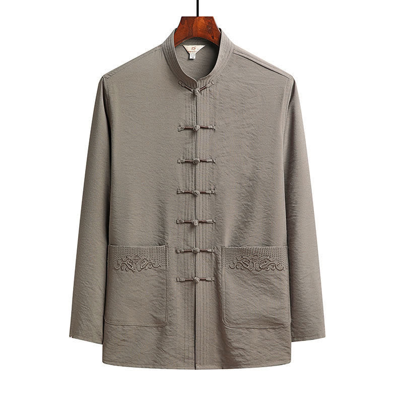 Nimara Ritual 2Pcs Plain Tang Suit Men's Frog-Button Long Sleeve Shirt Pants Set