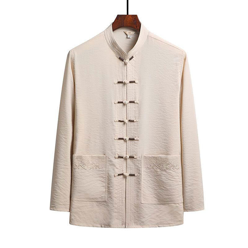 Nimara Ritual 2Pcs Plain Tang Suit Men's Frog-Button Long Sleeve Shirt Pants Set