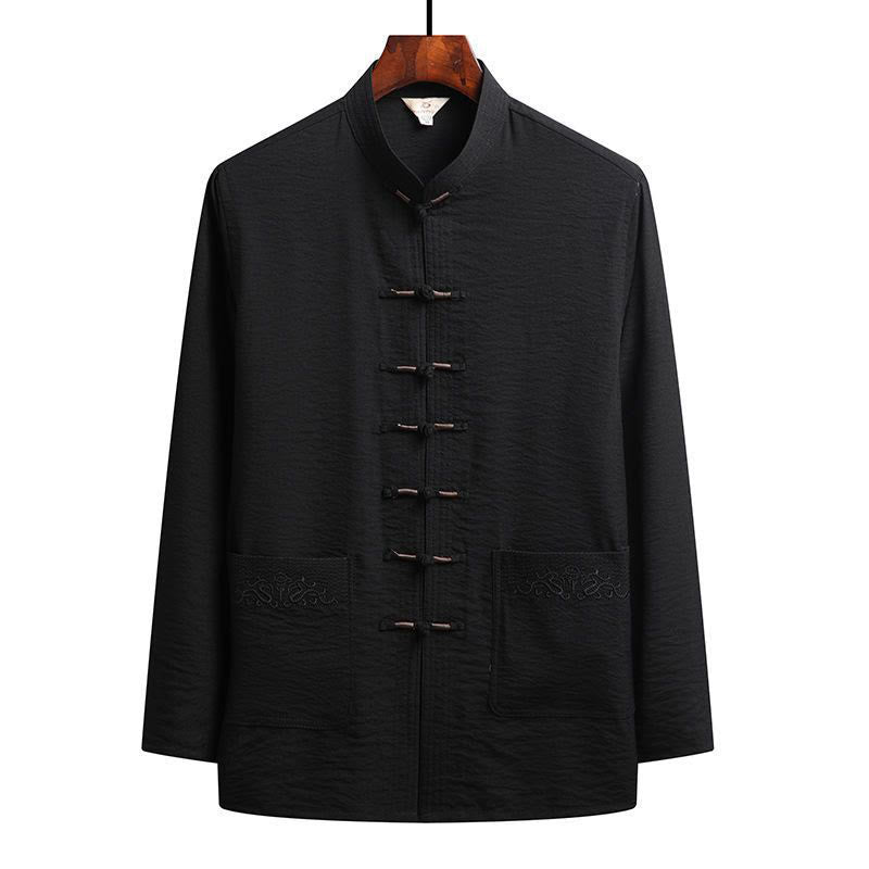 Nimara Ritual 2Pcs Plain Tang Suit Men's Frog-Button Long Sleeve Shirt Pants Set
