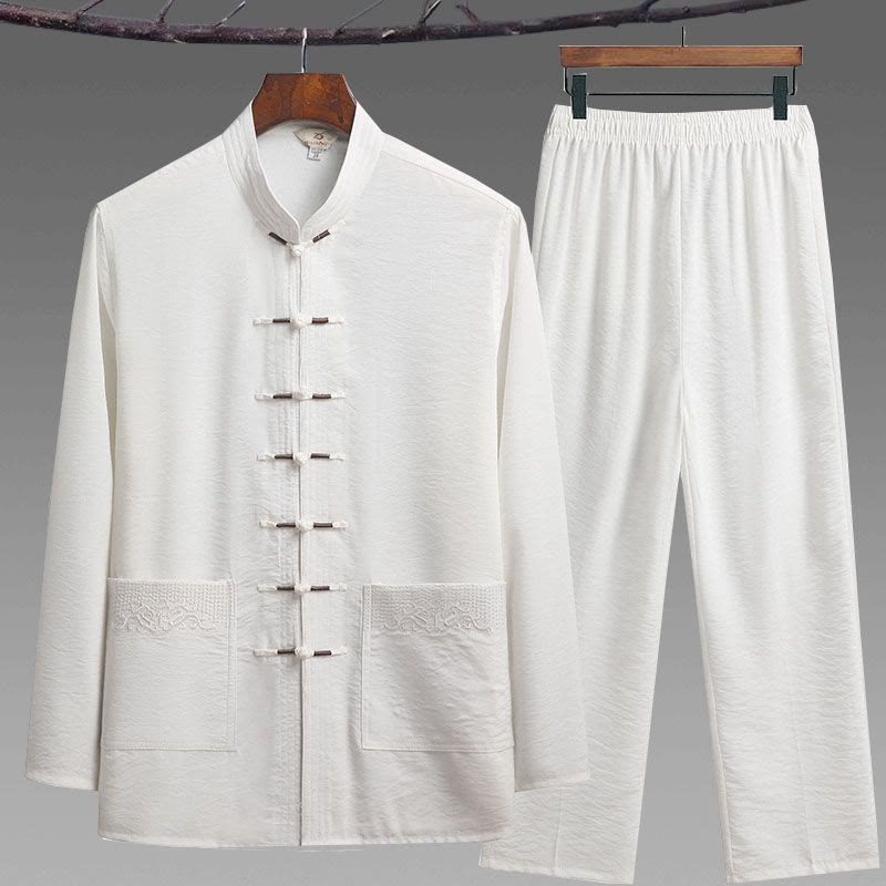 Nimara Ritual 2Pcs Plain Tang Suit Men's Frog-Button Long Sleeve Shirt Pants Set