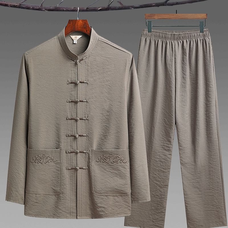 Nimara Ritual 2Pcs Plain Tang Suit Men's Frog-Button Long Sleeve Shirt Pants Set