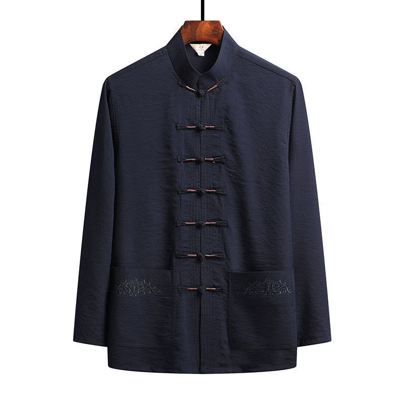 Nimara Ritual 2Pcs Plain Tang Suit Men's Frog-Button Long Sleeve Shirt Pants Set