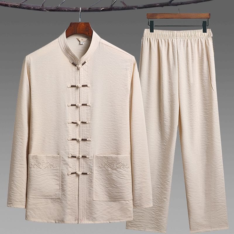 Nimara Ritual 2Pcs Plain Tang Suit Men's Frog-Button Long Sleeve Shirt Pants Set