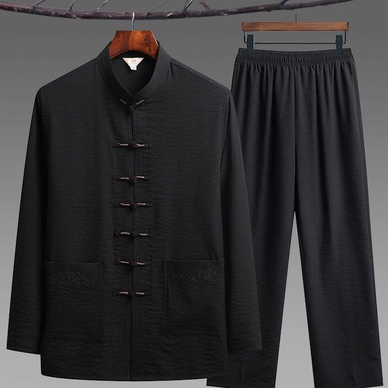Nimara Ritual 2Pcs Plain Tang Suit Men's Frog-Button Long Sleeve Shirt Pants Set