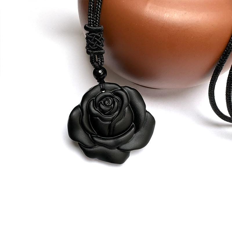 Nimara Ritual Black Obsidian String Black Rose Purification Necklace Pendant
