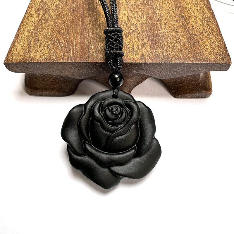 Nimara Ritual Black Obsidian String Black Rose Purification Necklace Pendant
