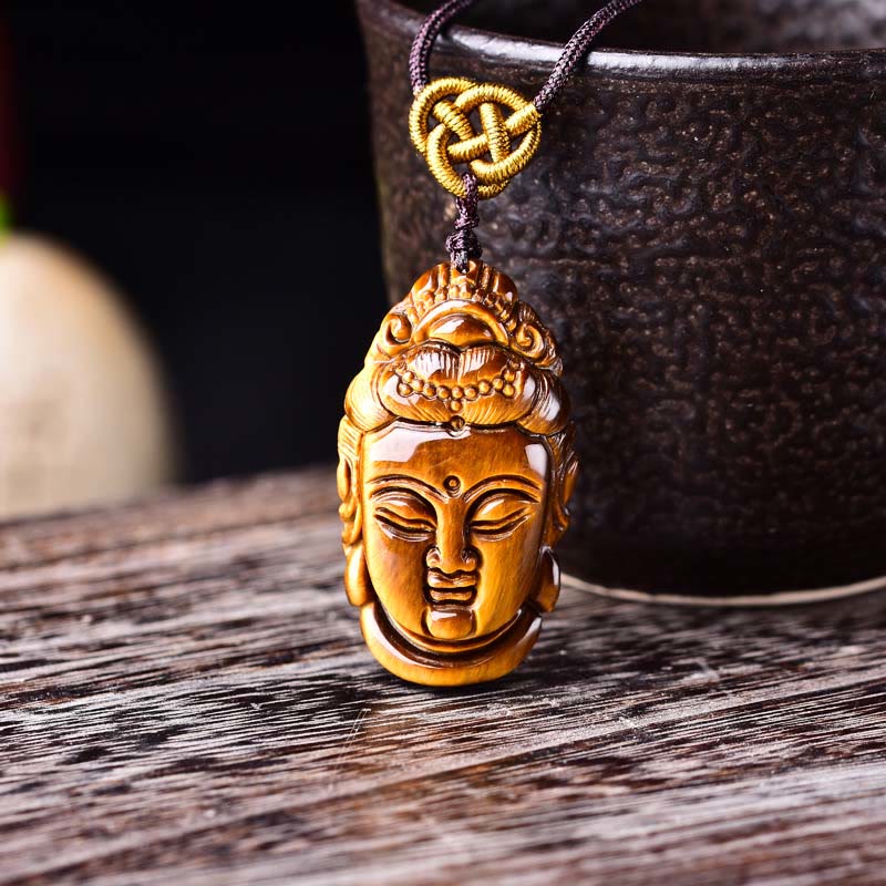 Nimara Ritual Tiger Eye Kwan Yin Avalokitesvara Head String Strength Necklace Pendant
