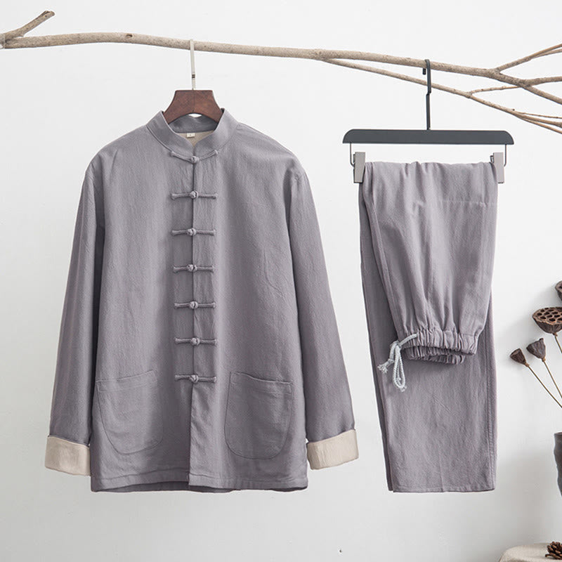 Nimara Ritual 2Pcs Zen Tang Suit Men's Linen Frog-Button Long Sleeve Shirt Pants Set