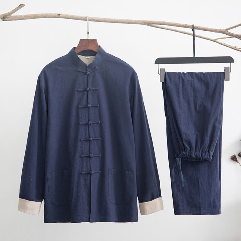 Nimara Ritual 2Pcs Zen Tang Suit Men's Linen Frog-Button Long Sleeve Shirt Pants Set
