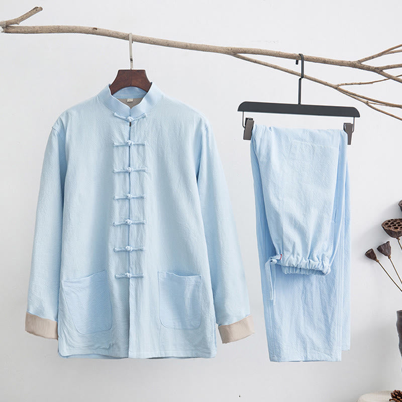 Nimara Ritual 2Pcs Zen Tang Suit Men's Linen Frog-Button Long Sleeve Shirt Pants Set