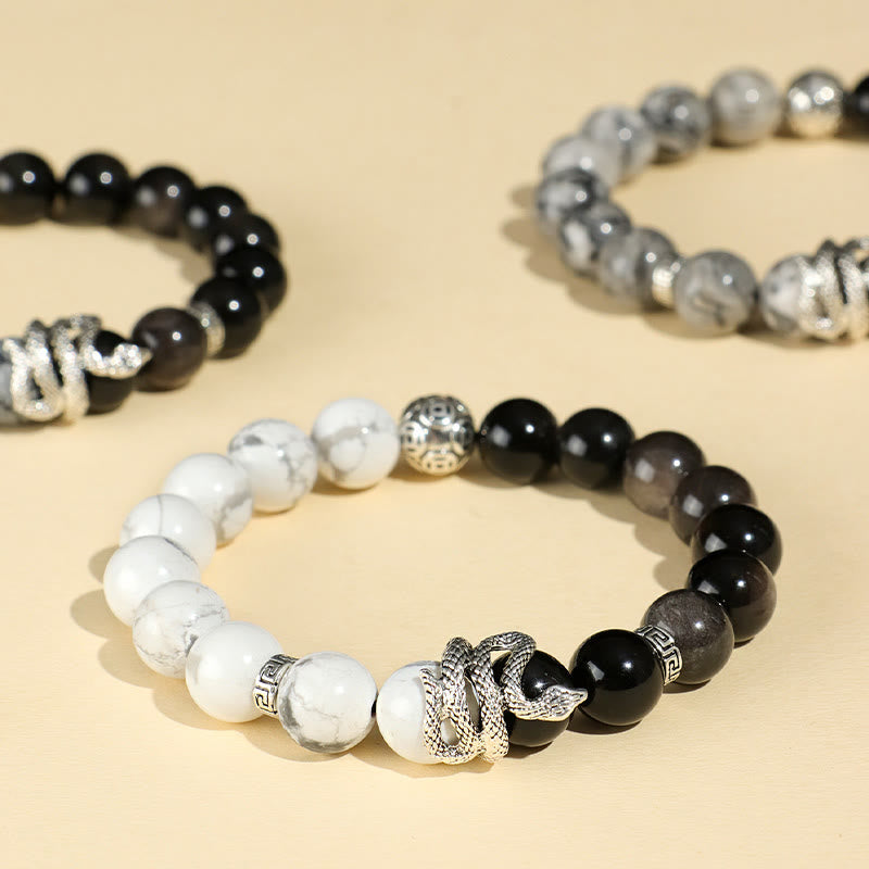Nimara Ritual Natural Silver Sheen Obsidian White Turquoise Grey Jasper Snowflake Obsidian Year Of The Snake Protection Bracelet