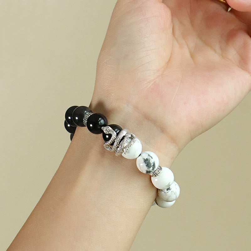 Nimara Ritual Natural Silver Sheen Obsidian White Turquoise Grey Jasper Snowflake Obsidian Year Of The Snake Protection Bracelet