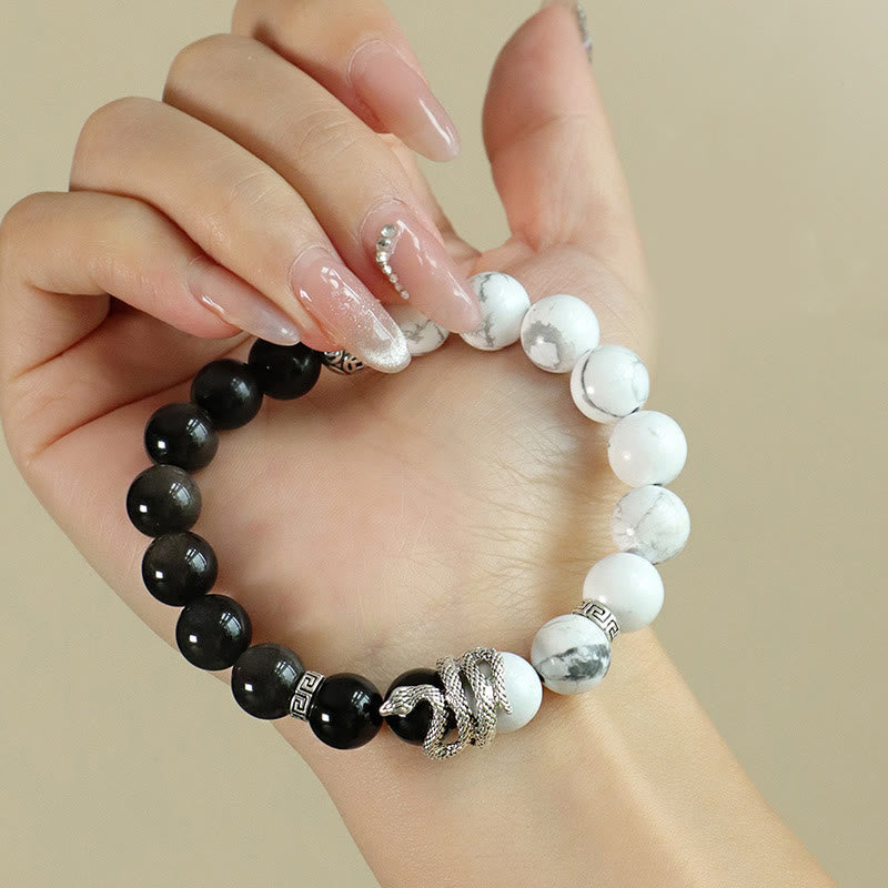 Nimara Ritual Natural Silver Sheen Obsidian White Turquoise Grey Jasper Snowflake Obsidian Year Of The Snake Protection Bracelet