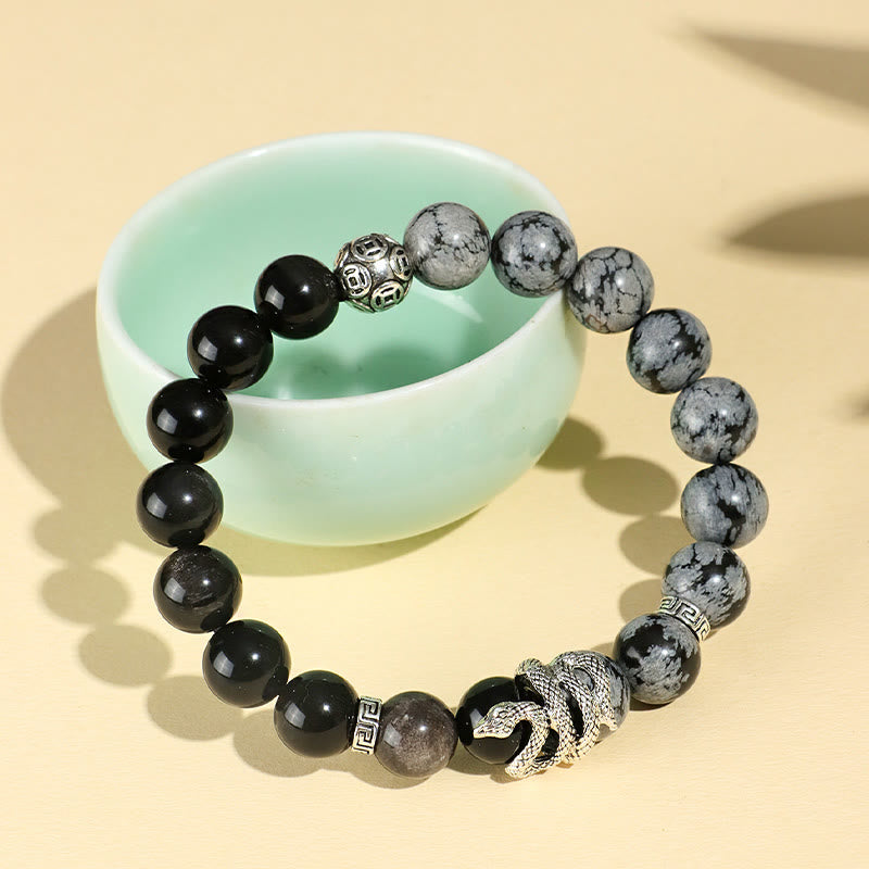 Nimara Ritual Natural Silver Sheen Obsidian White Turquoise Grey Jasper Snowflake Obsidian Year Of The Snake Protection Bracelet