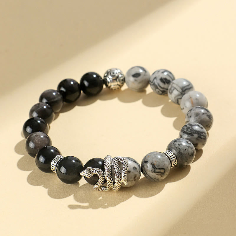 Nimara Ritual Natural Silver Sheen Obsidian White Turquoise Grey Jasper Snowflake Obsidian Year Of The Snake Protection Bracelet