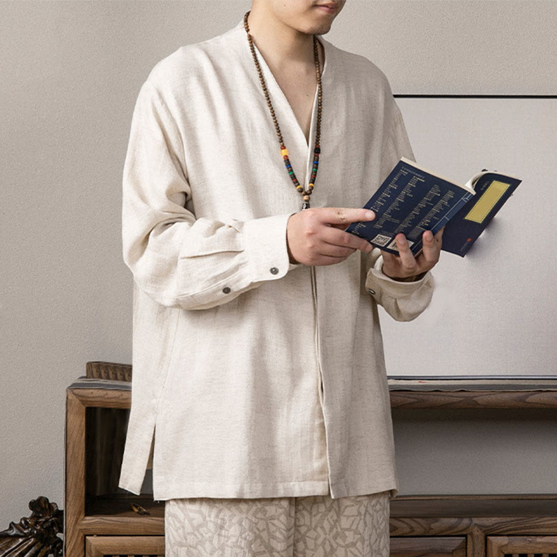 Nimara Ritual V-Neck Men's Linen Long Sleeve Shirt Zen Clothing