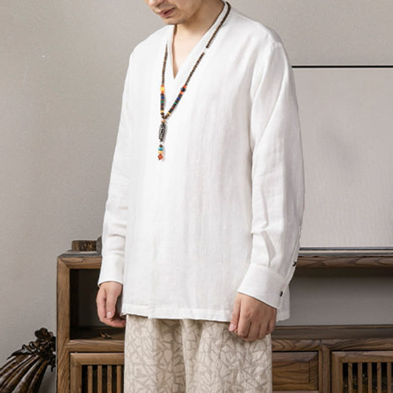 Nimara Ritual V-Neck Men's Linen Long Sleeve Shirt Zen Clothing