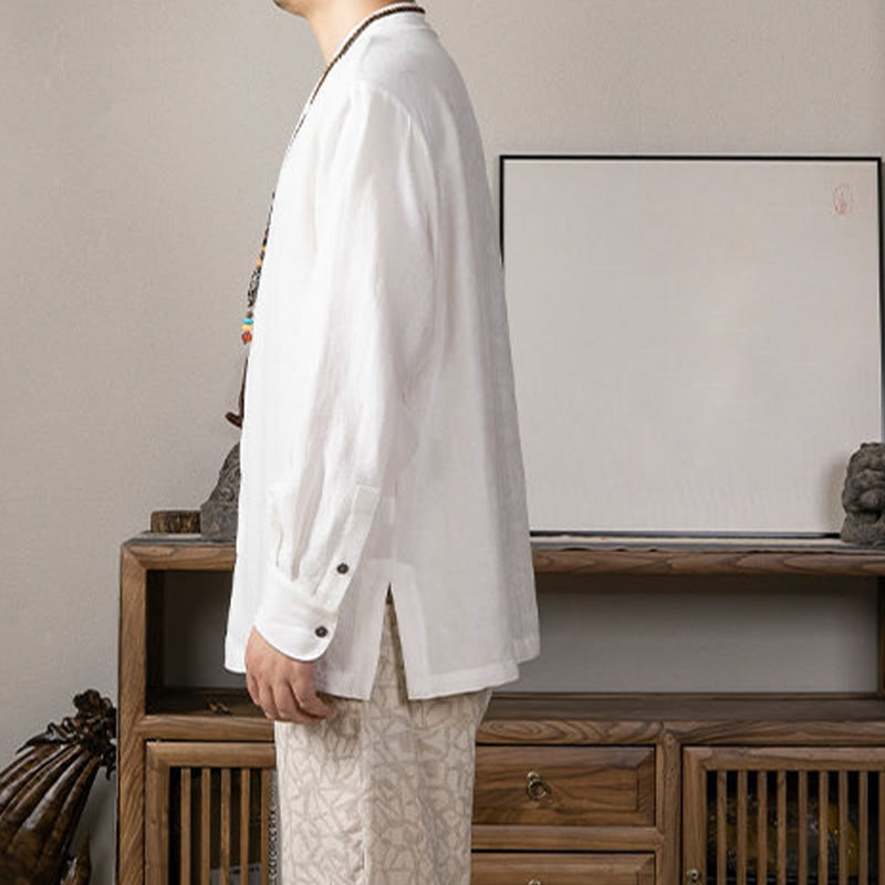 Nimara Ritual V-Neck Men's Linen Long Sleeve Shirt Zen Clothing