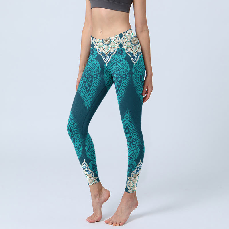 Nimara Ritual Green Feather Flower Print Gym Fitness Leggings Women's Yoga Pants