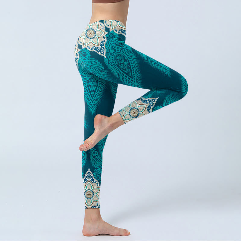 Nimara Ritual Green Feather Flower Print Gym Fitness Leggings Women's Yoga Pants