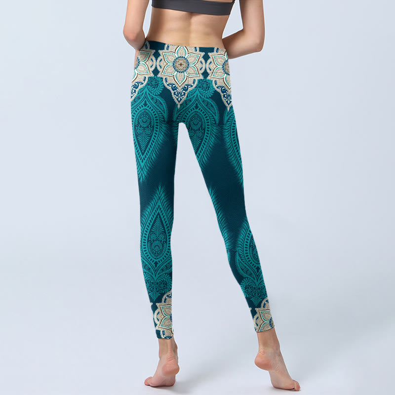 Nimara Ritual Green Feather Flower Print Gym Fitness Leggings Women's Yoga Pants
