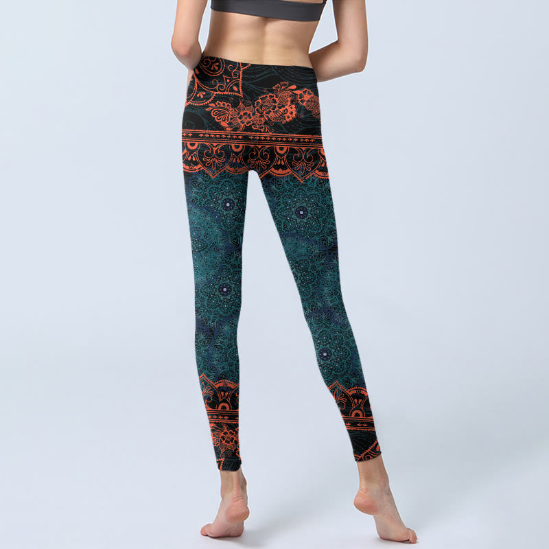 Nimara Ritual Green Mandala Flower Print Gym Fitness Leggings Women's Yoga Pants