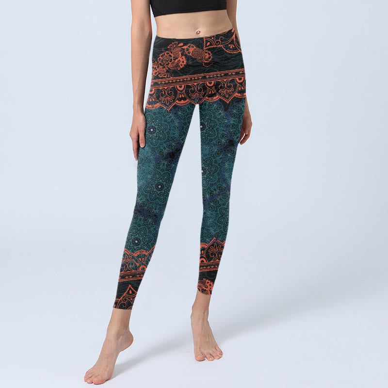 Nimara Ritual Green Mandala Flower Print Gym Fitness Leggings Women's Yoga Pants