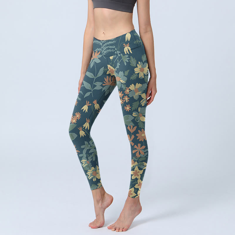 Nimara Ritual Casual Daisy Flowers Leaves Print Gym Fitness Leggings Women's Yoga Pants