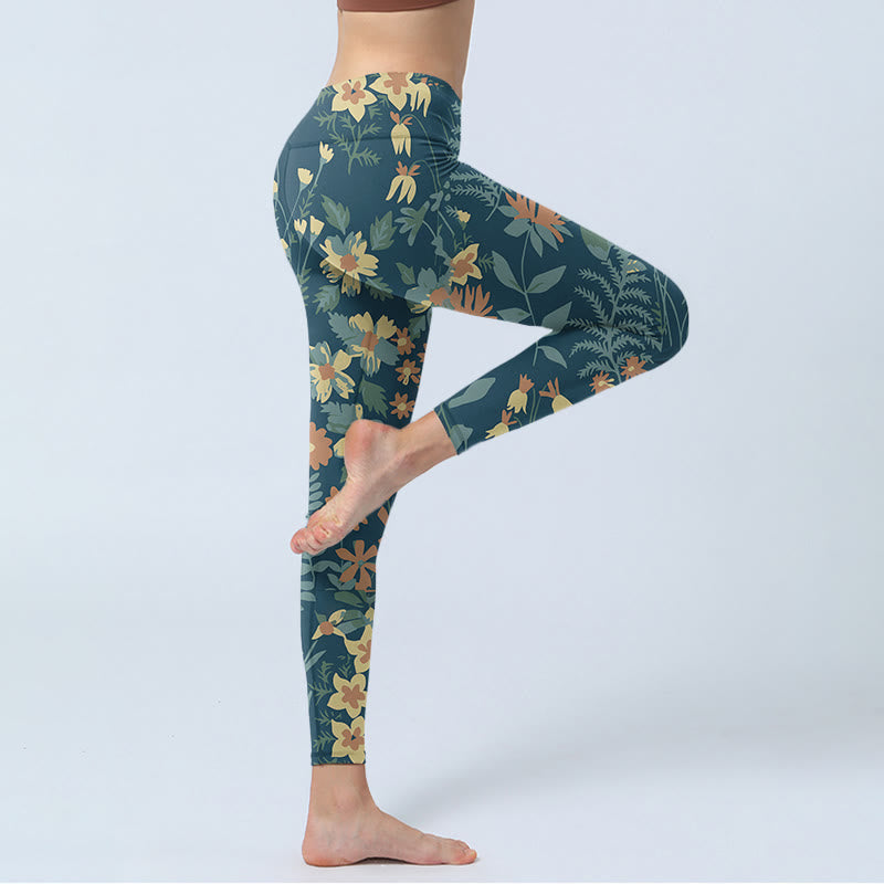Nimara Ritual Casual Daisy Flowers Leaves Print Gym Fitness Leggings Women's Yoga Pants