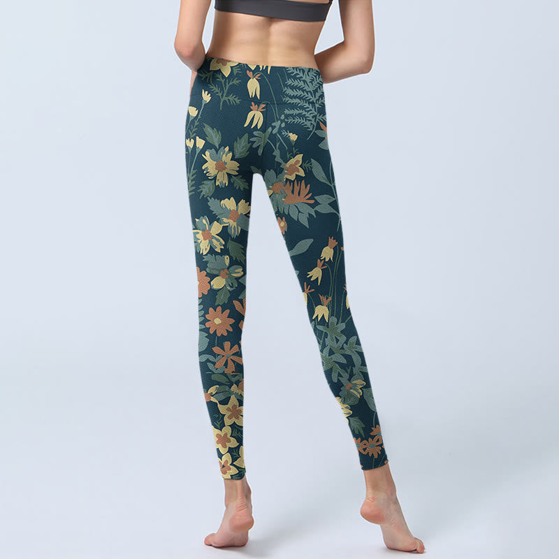 Nimara Ritual Casual Daisy Flowers Leaves Print Gym Fitness Leggings Women's Yoga Pants