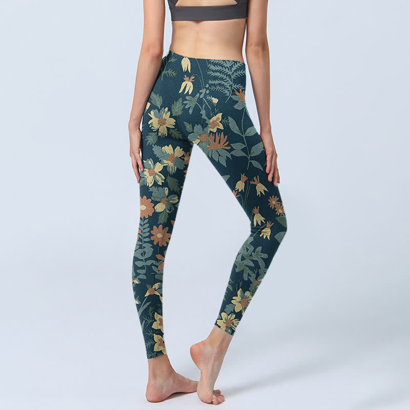Nimara Ritual Casual Daisy Flowers Leaves Print Gym Fitness Leggings Women's Yoga Pants