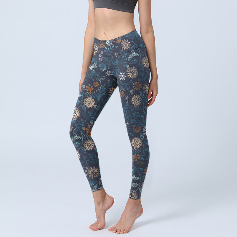 Nimara Ritual New York Aster Flowers Leaves Print Gym Fitness Leggings Women's Yoga Pants