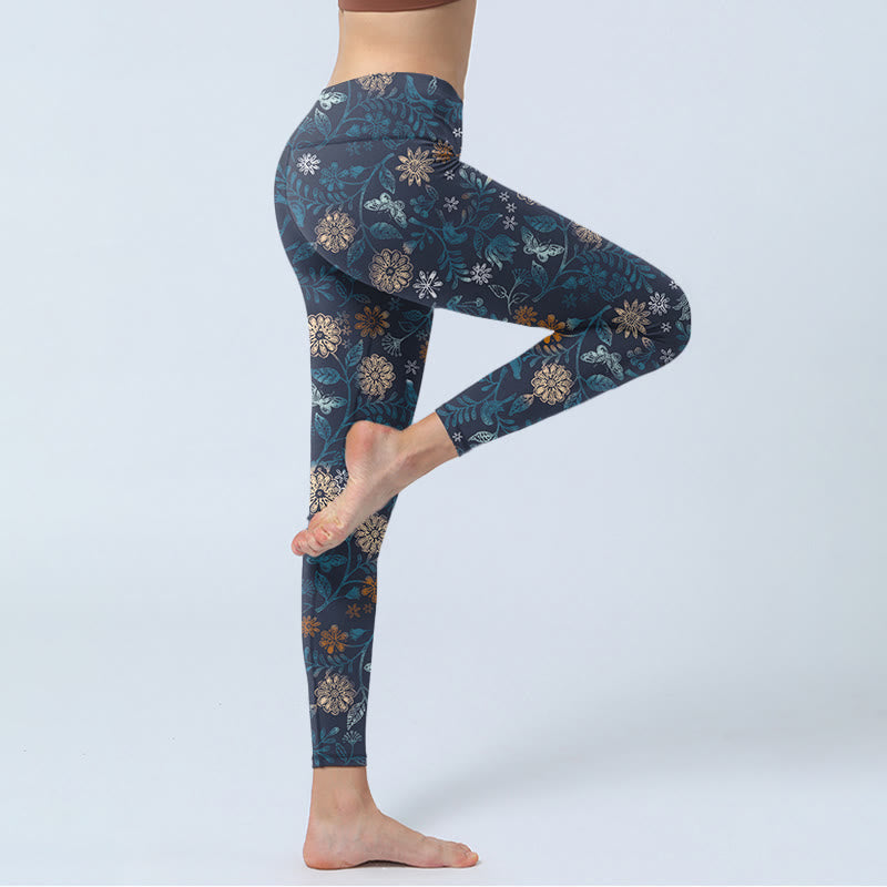 Nimara Ritual New York Aster Flowers Leaves Print Gym Fitness Leggings Women's Yoga Pants