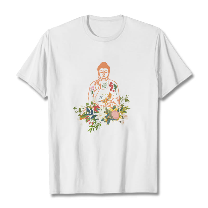 Nimara Ritual Meditating Buddha Blooming Flowers Pattern Tee T-shirt