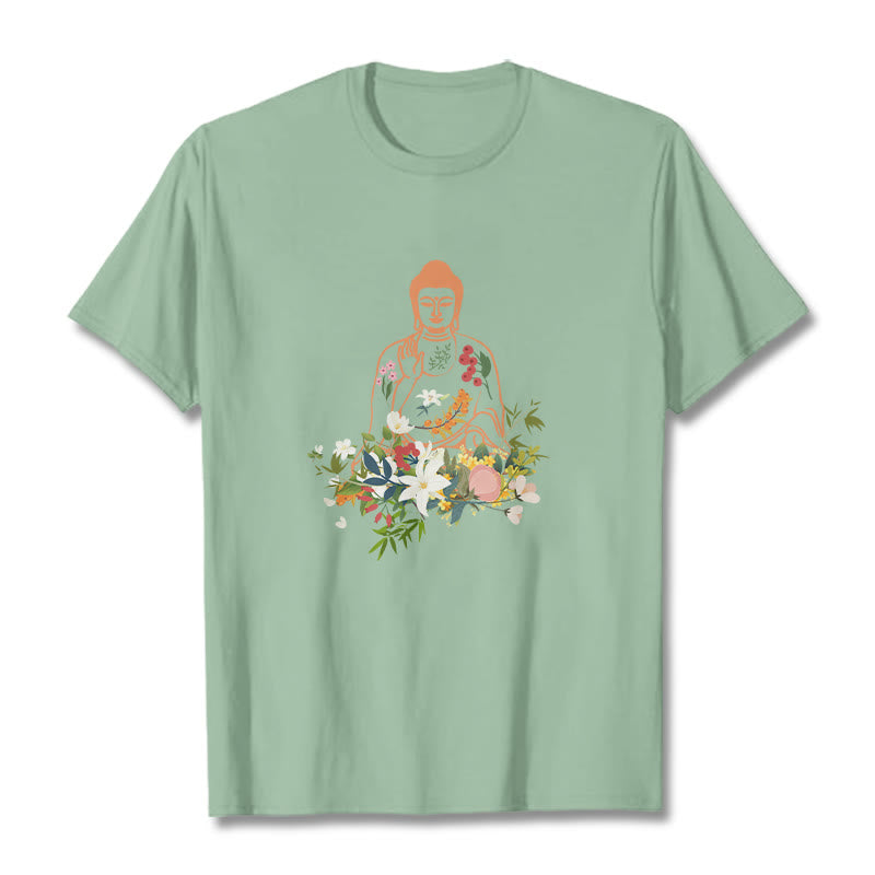 Nimara Ritual Meditating Buddha Blooming Flowers Pattern Tee T-shirt