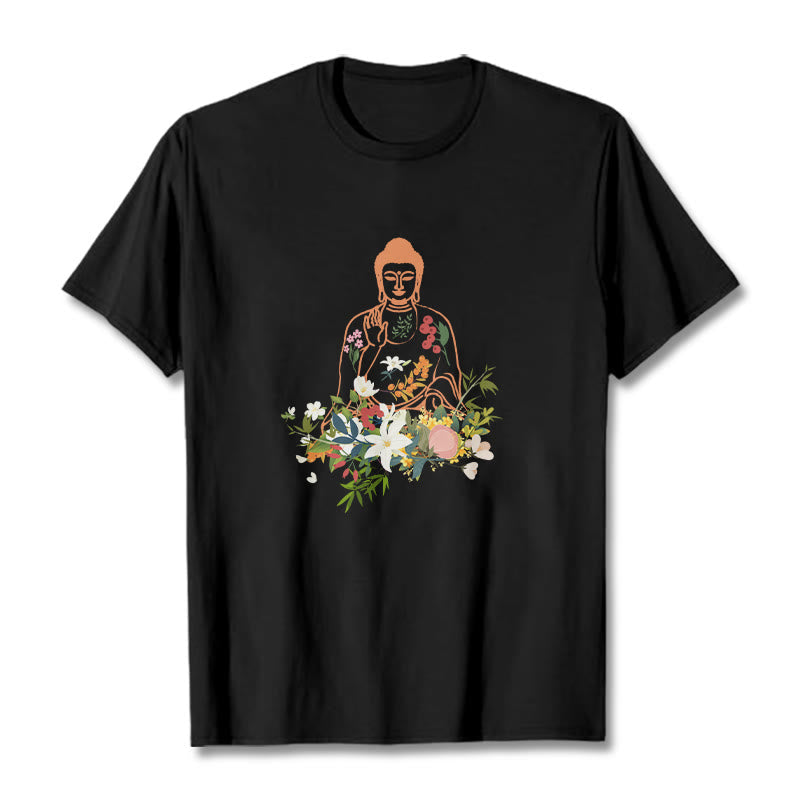 Nimara Ritual Meditating Buddha Blooming Flowers Pattern Tee T-shirt