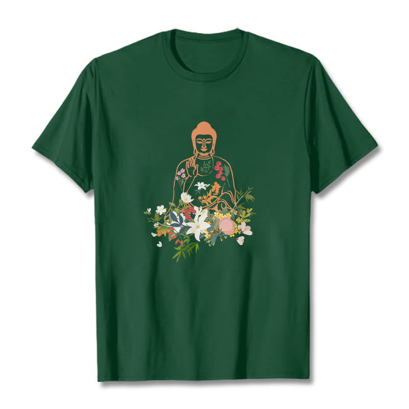 Nimara Ritual Meditating Buddha Blooming Flowers Pattern Tee T-shirt