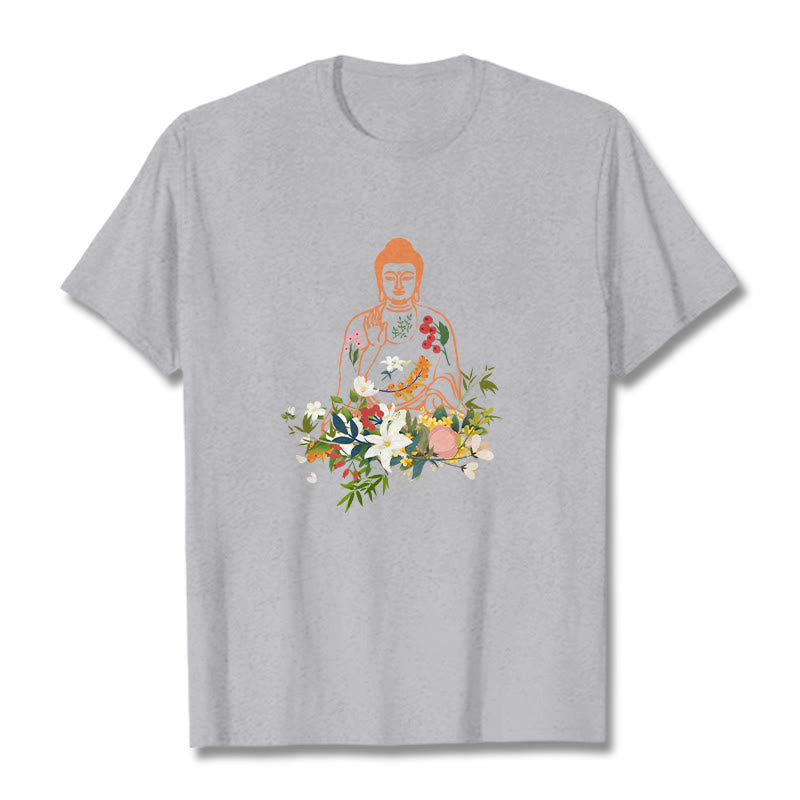 Nimara Ritual Meditating Buddha Blooming Flowers Pattern Tee T-shirt