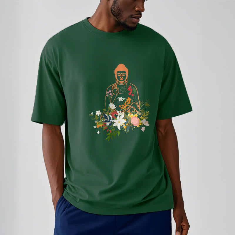 Nimara Ritual Meditating Buddha Blooming Flowers Pattern Tee T-shirt