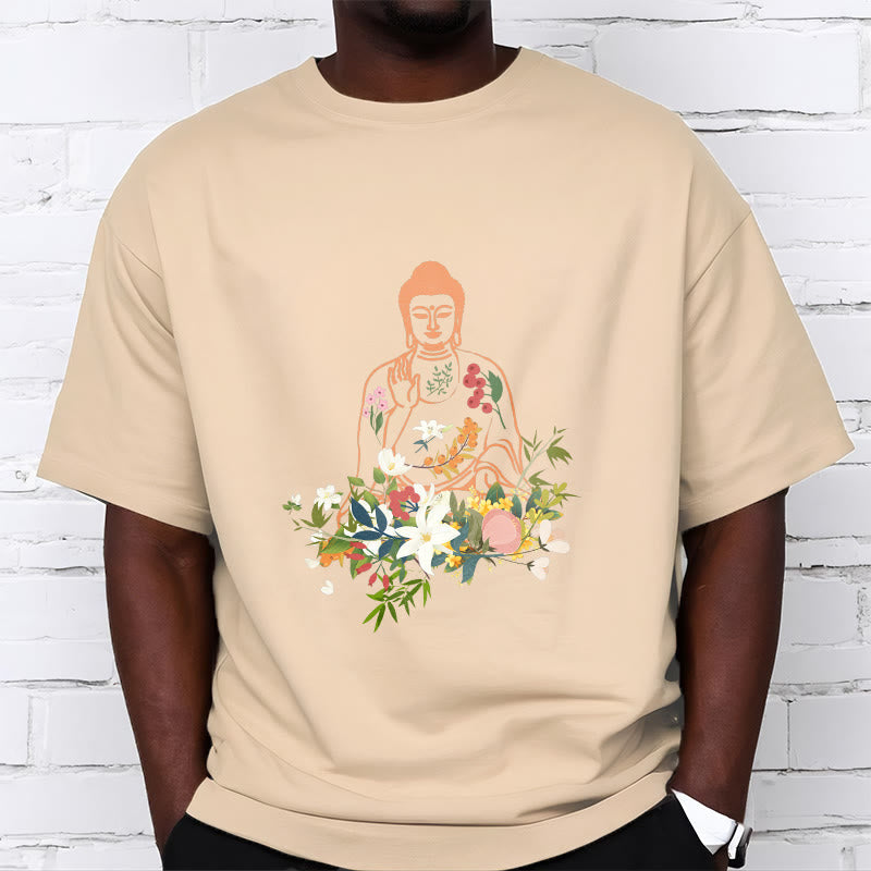 Nimara Ritual Meditating Buddha Blooming Flowers Pattern Tee T-shirt