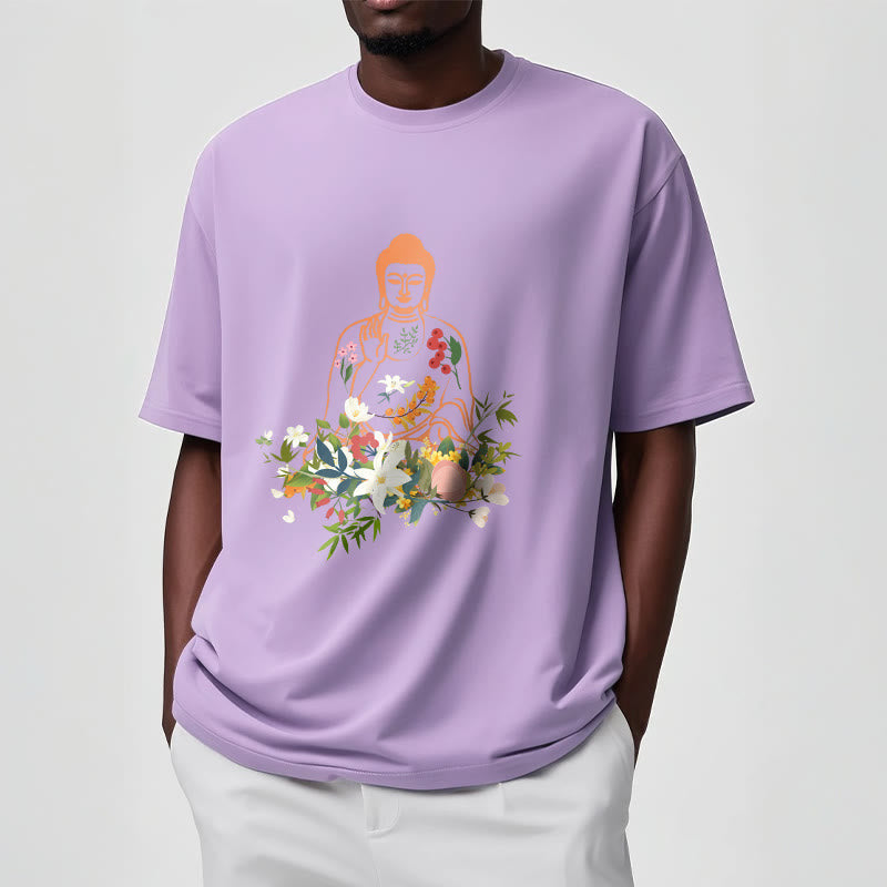 Nimara Ritual Meditating Buddha Blooming Flowers Pattern Tee T-shirt
